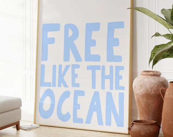 Cowgirl Coastal Decor Ocean Art Print, Light Blue