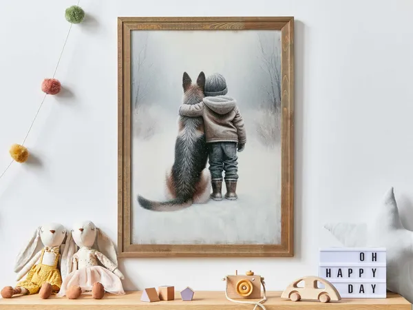 German Shepherd Winter Bond Art Print, Nursery Decor