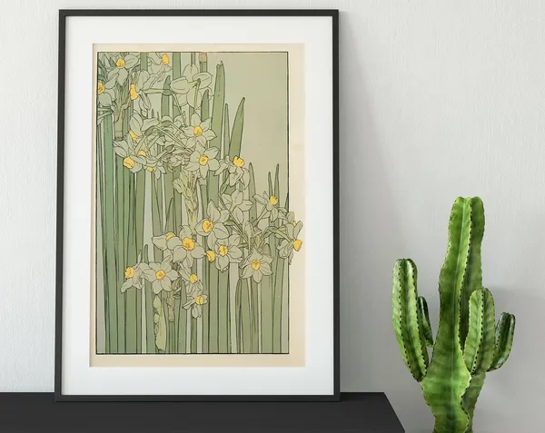 Vintage Green Floral Nouveau Art Print, Boho Decor