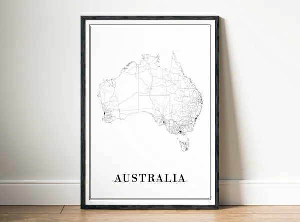 Australia Map Print, Black and White Map Art