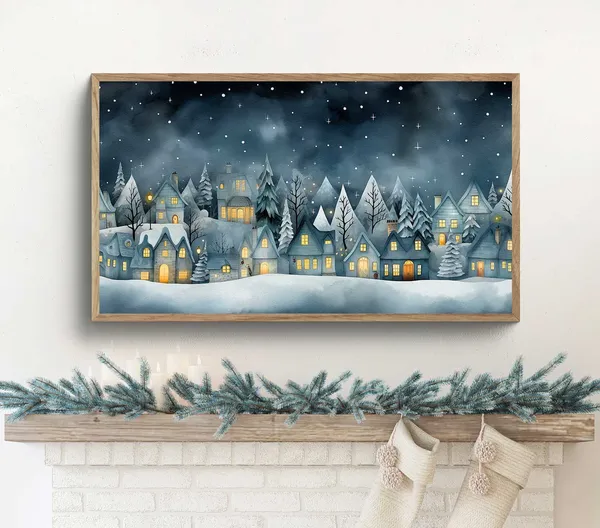 Christmas Village Watercolor Painting, Winter Night Sky Art Print