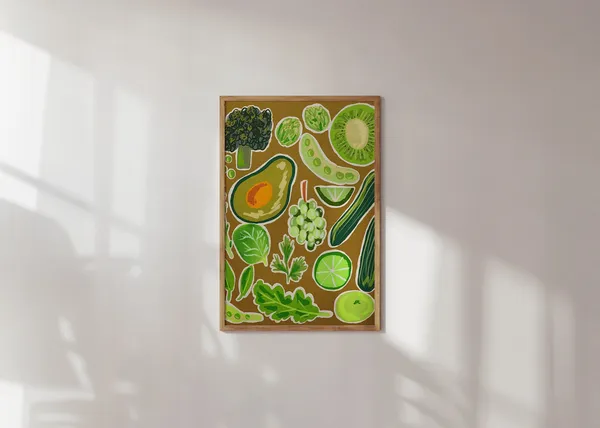 Green Fruits Vegetables Art Print, Kitchen Wall Decor