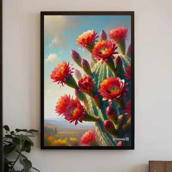 Blooming Red Cactus Flowers, Southwest Desert Art Print