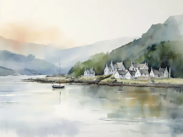 Plockton Watercolor Landscape Art Print, Scotland
