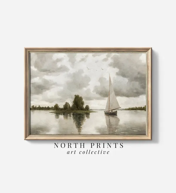 Sailboat Lake Painting Nautical Coastal Art Print