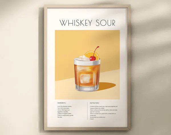 Whiskey Sour Cocktail Poster, Bar Cart Decor