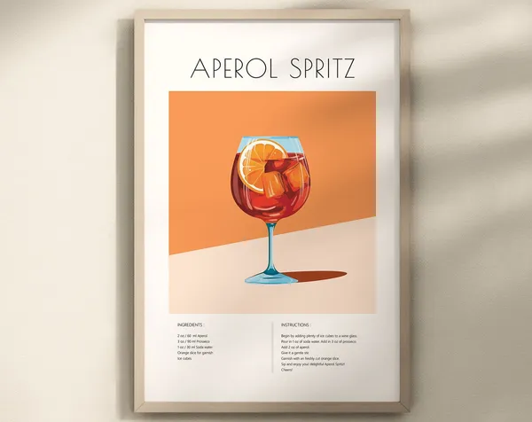 Aperol Spritz Retro Cocktail Poster, Kitchen Bar Art