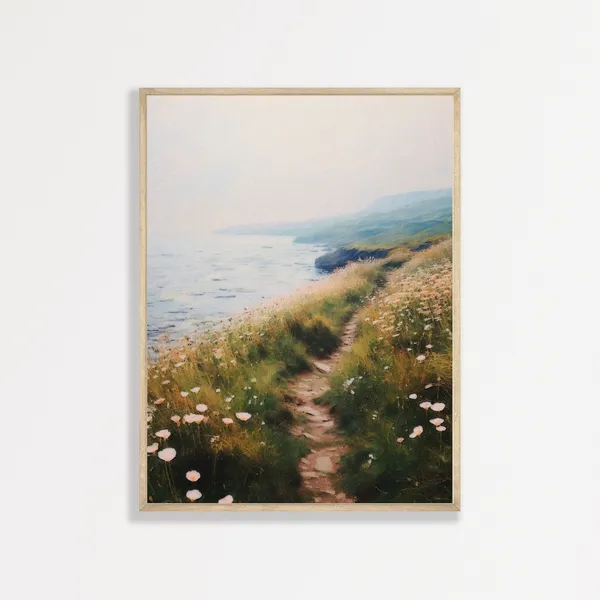 Coastal Fog Oceanside Path, Retro Landscape Art Print