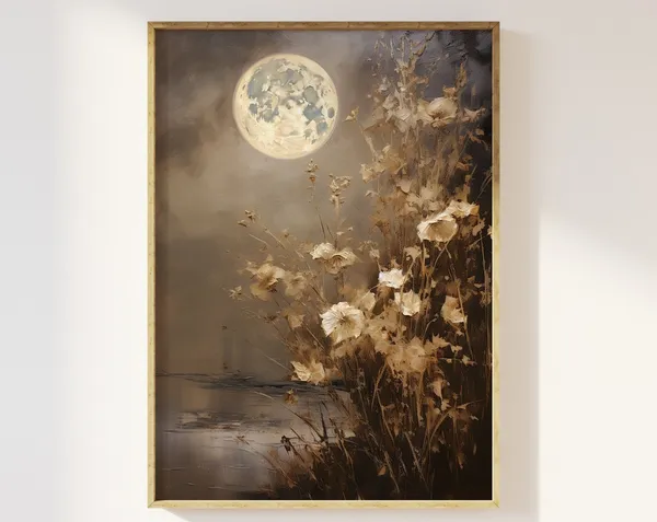 Full Moon and Delicate Florals Vintage Art Print