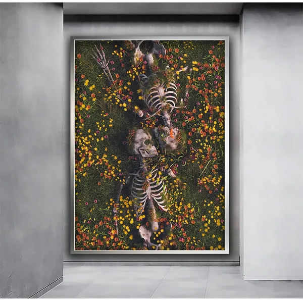 Skeleton Couple in Flower Garden, Surreal Art Print