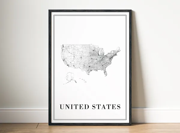 United States Black And White Map Art Print