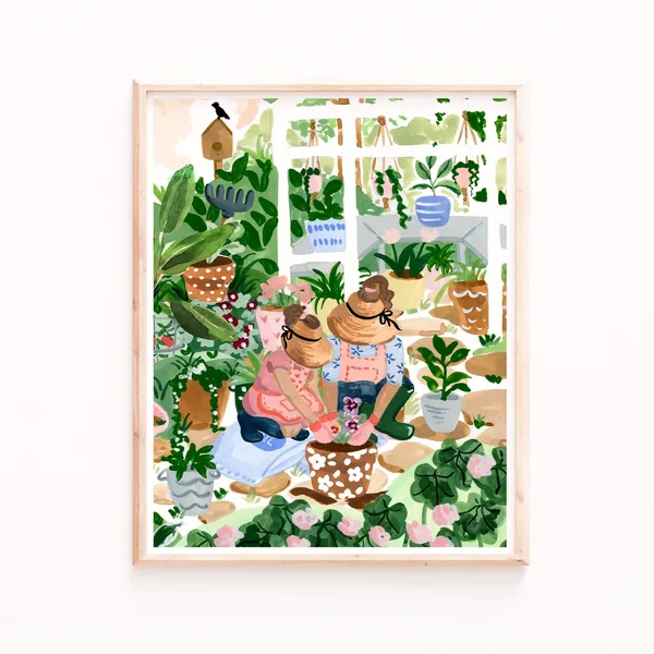 Mom And Daughter Watercolor Art Print, Greenhouse