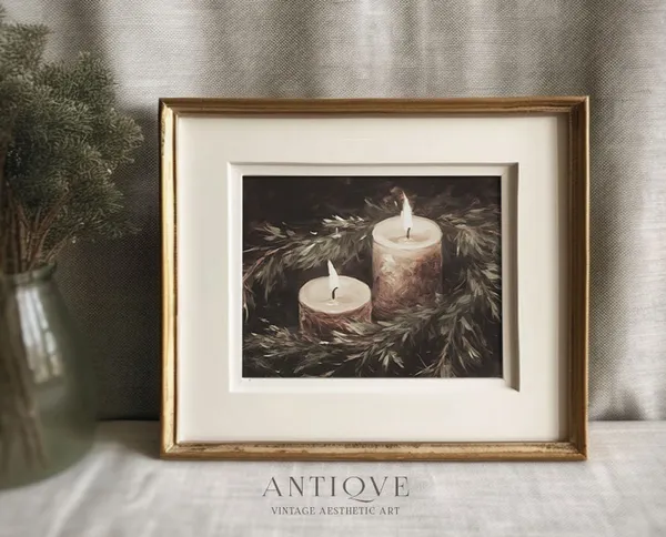 Christmas Candles and Greenery Rustic Holiday Art Print