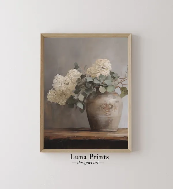 Hydrangeas in Aged Vessel, Muted Floral Art Print