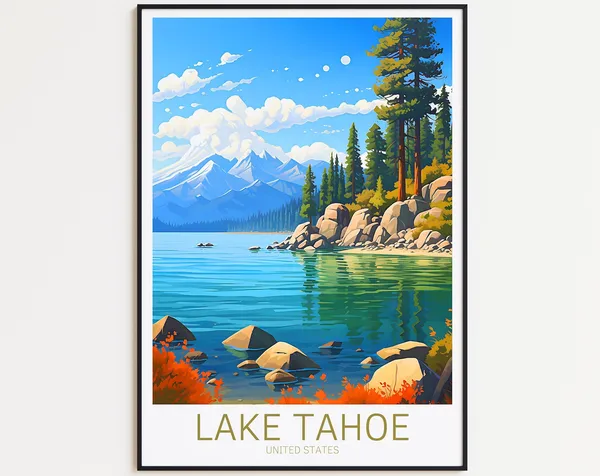 Lake Tahoe Vintage Travel Poster, Retro Landscape Print
