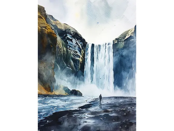 Skogafoss Waterfall Watercolor Art Print, Icelandic Landscape