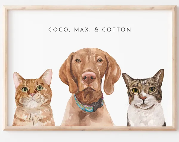 Three Pet Custom Watercolor Portrait Memorial Gift