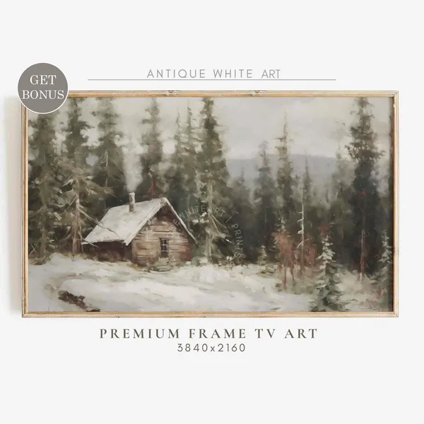 Winter Cabin Vintage Rustic Landscape Art Print