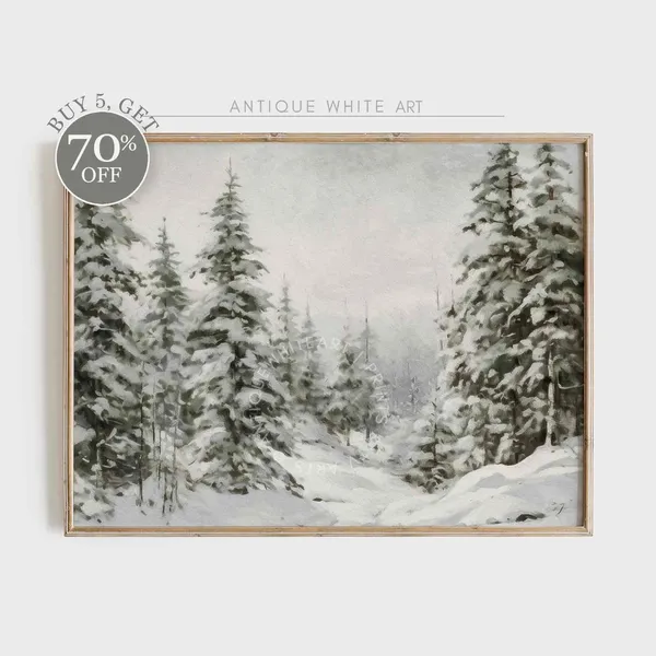 Snowy Winter Pine Forest Art Print, Farmhouse Rustic