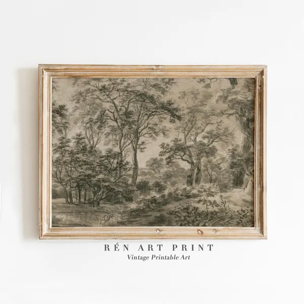 Vintage Sketch Print, Woodland Landscape Art