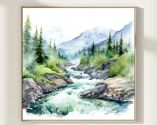 Alaska Mountain River Watercolor Landscape Art Print