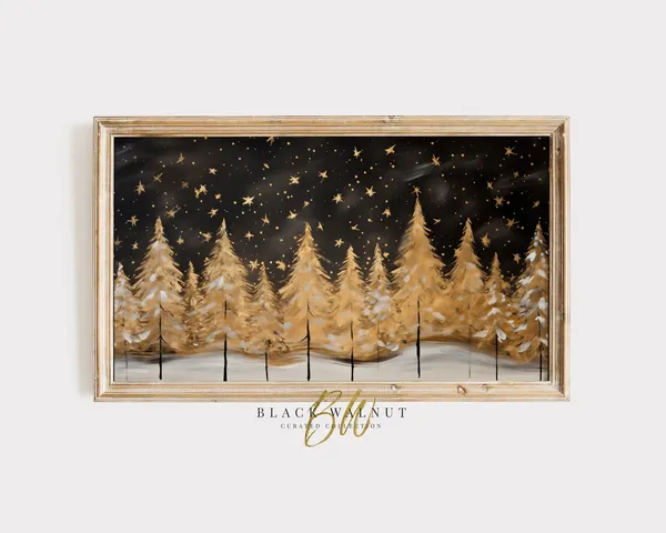 Van Gogh-Inspired Gold Evergreens, Starry Night Art