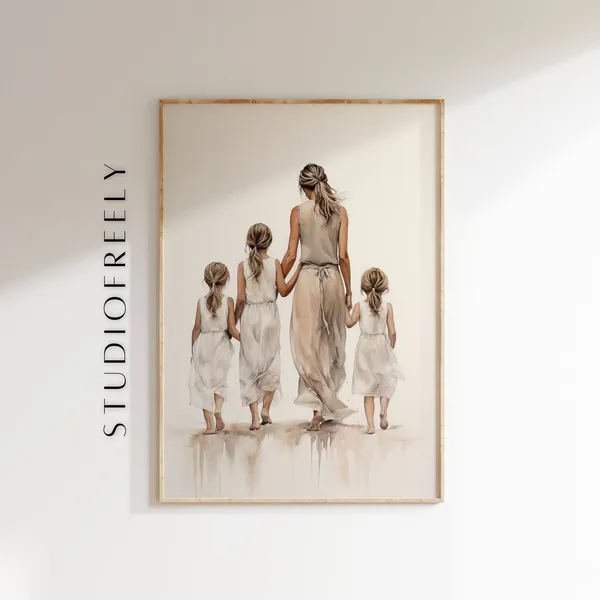 Mother And Daughters Watercolor Art Print, Family Decor