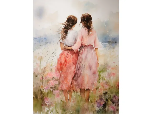 Sisters Watercolor Portrait Art Print, Family Decor