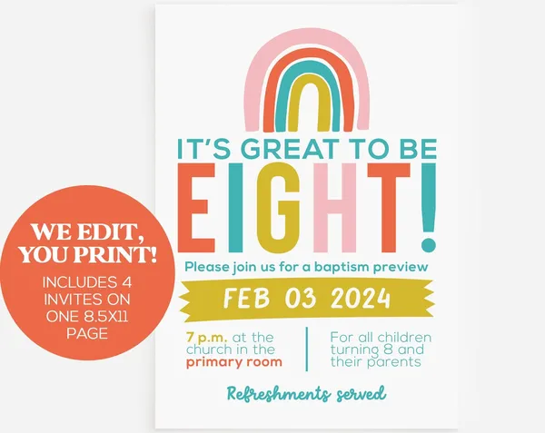 Its Great To Be 8 LDS Baptism Invitation Art Print