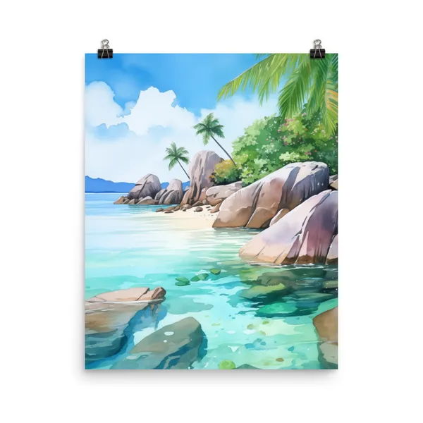 Seychelles Watercolor Travel Poster, Tropical Island Decor