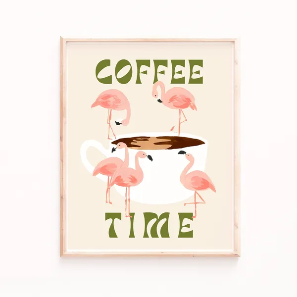 Flamingos and Coffee Retro Art Print, Kitchen Wall