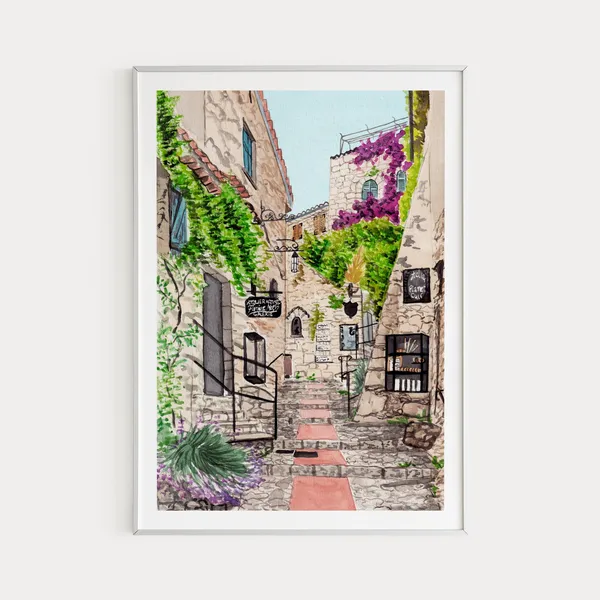 Eze, Cote D'Azur Watercolor Travel Poster, France