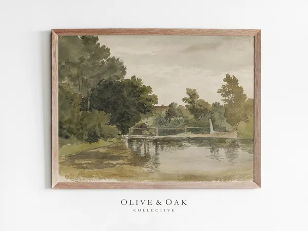 Green Landscape Painting, Vintage Landscape Art Print