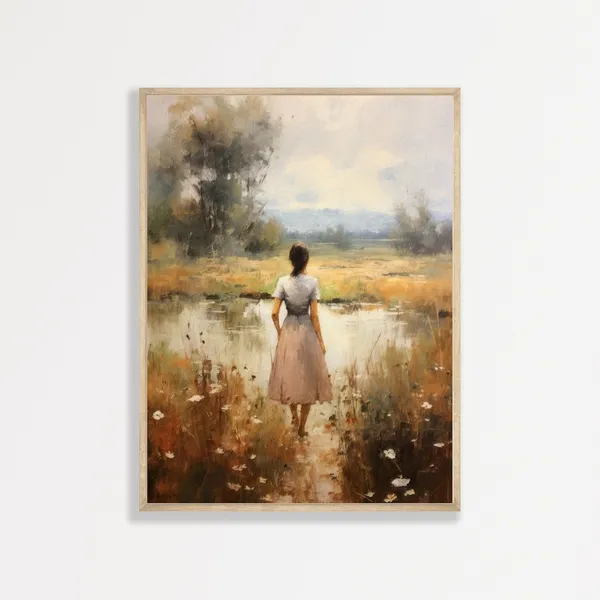 Countryside Woman Vintage Country Oil Painting Art Print