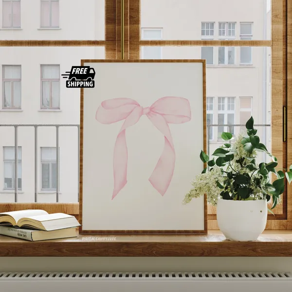 Pink Bow Poster, Coquette Bedroom Wall Art Print