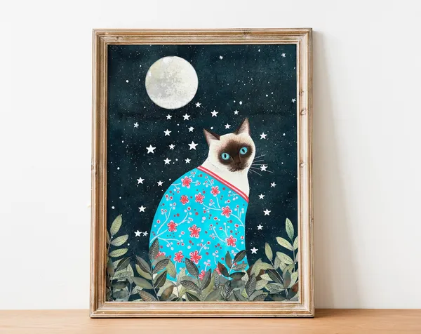 Siamese Cat Japanese Print, Night Sky Poster