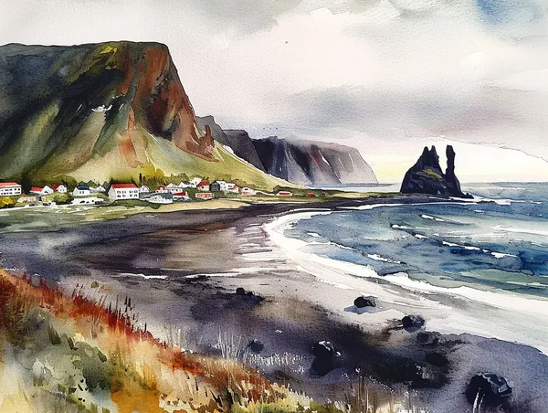 Town of Vik Iceland Watercolor Travel Poster