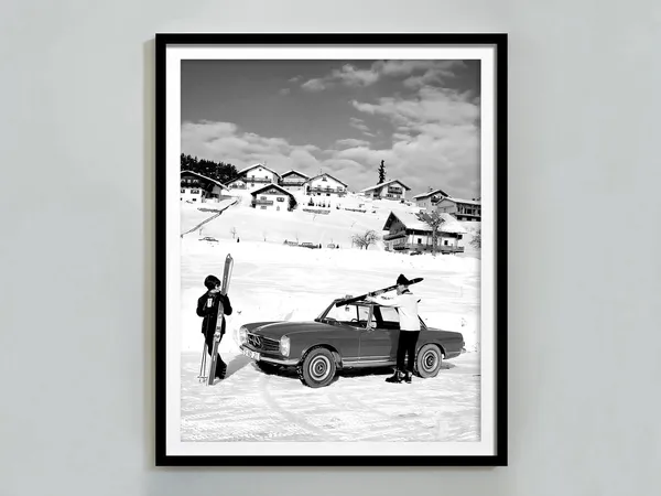 Vintage Apres Ski Poster, Black and White Ski Lodge Decor