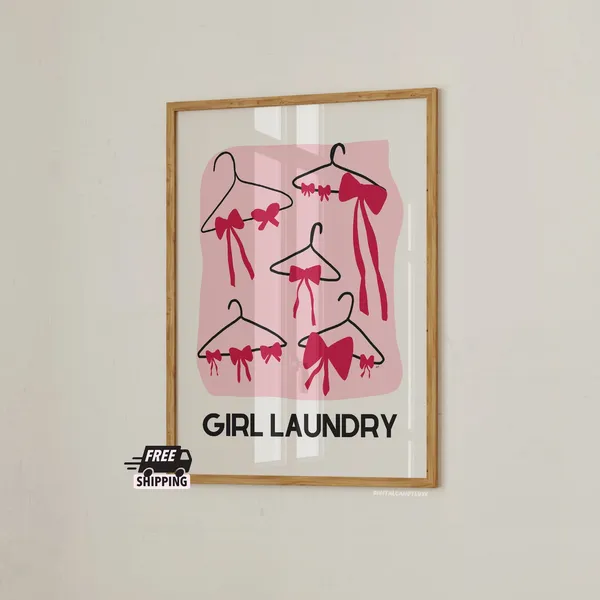 Pink Girl Laundry Wall Art, Trendy Apartment Poster