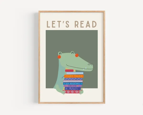 Whimsical Crocodile Reading Art Print, Retro Kids Decor