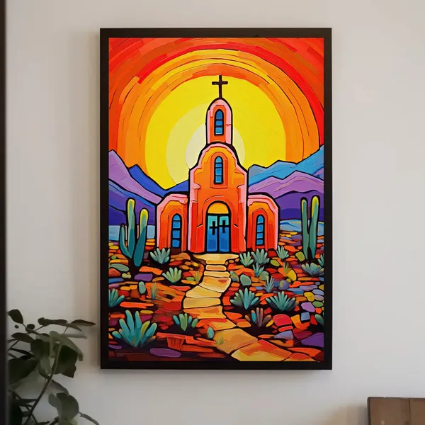 Mexican Church In Desert Art Print, Religious Decor