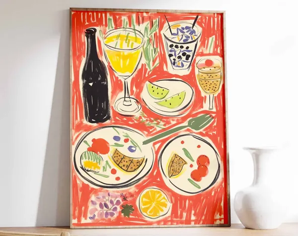 Dinner Table Food Illustration, Vintage Kitchen Poster
