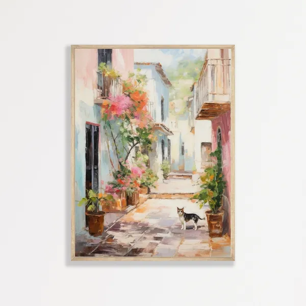 Cat Alleyway Retro Pastel European Art Print