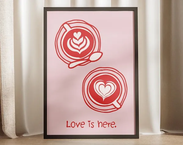 Love Is Here Coffee Illustration Art Print, Trendy Cafe