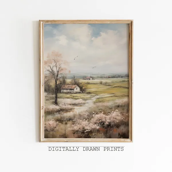 Muted Spring Landscape Art Print, Vintage Cottagecore