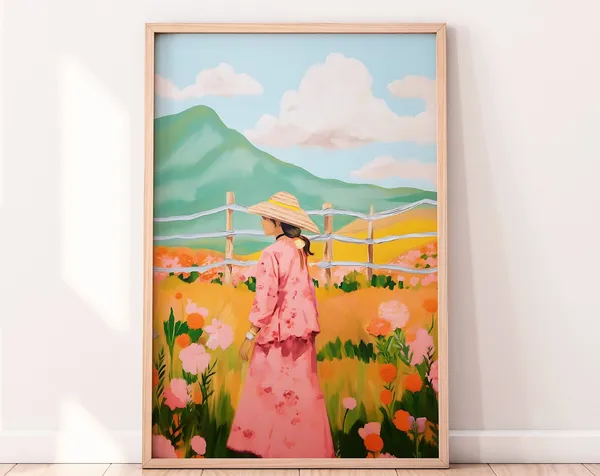 Girl In The Meadow Abstract Mountain Art Print