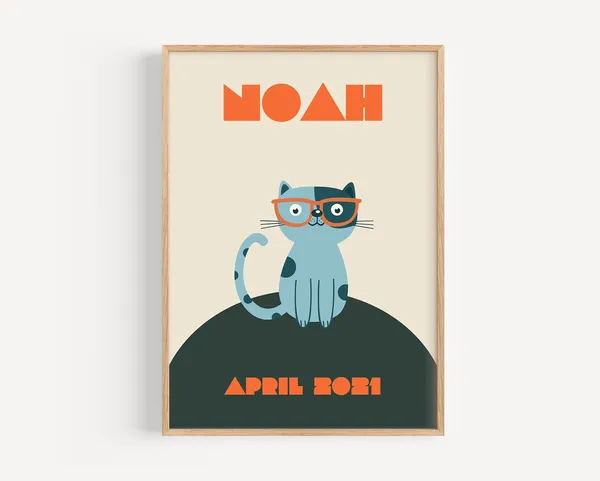 Custom Kids Name Cat Illustration, Nursery Art Print