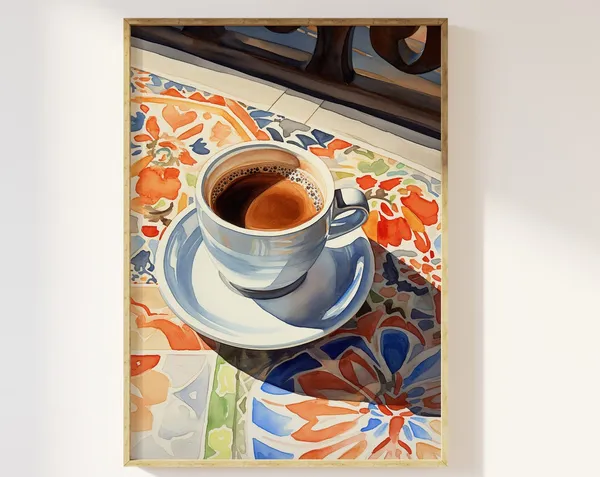 Cup Of Coffee On Tiled Table, Moroccan Style Art Print