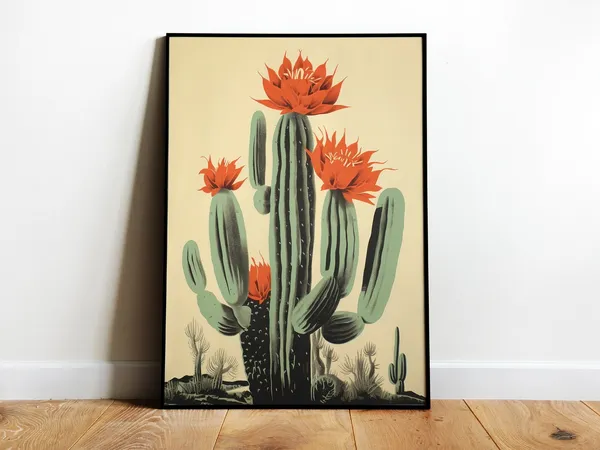 Blooming Cactus Retro Wall Art, Mexican Floral Print