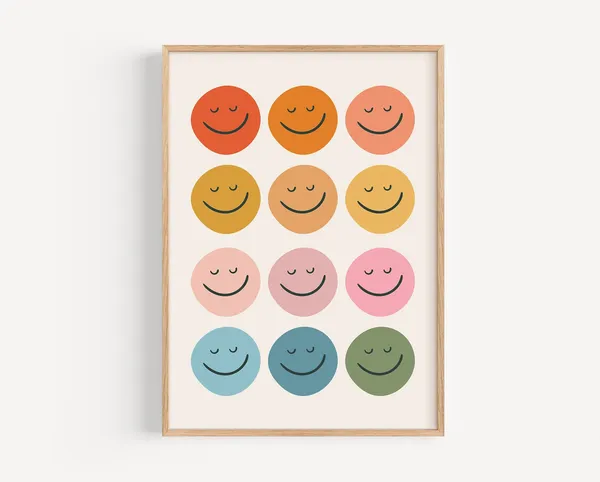 Retro Smiley Face Print, Boho Rainbow Nursery Art